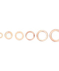 110 Piece Copper Washer Set With Mixed Sizes For Brake Lines Oil Lines And Small Engine Repair Durable High Conductivity Seals For A Tight Fit And Heat Resistance Your Go To Grounding Task Kit brass washers in mixed sizes lined up for brake line and grounding use