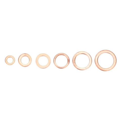 110 Piece Copper Washer Set With Mixed Sizes For Brake Lines Oil Lines And Small Engine Repair Durable High Conductivity Seals For A Tight Fit And Heat Resistance Your Go To Grounding Task Kit brass washers in mixed sizes lined up for brake line and grounding use