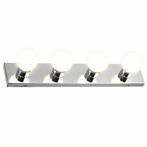 4 Light Vanity Strip Light in Polished Chrome, mounted horizontally, with four round bulbs, suitable for bathrooms and makeup areas.