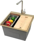 Gold Matte Stainless Steel Single Bowl Sink With Top Mount Drop In Design 22 by 22 by 12 Inches All In One Kit; cutting board visible