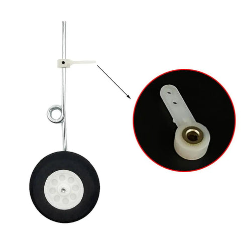Four Pack Nylon Servo Steering Arms For RC Airplane Landing Gear Front Wheel, close-up of durable suspension arm and wheel setup.