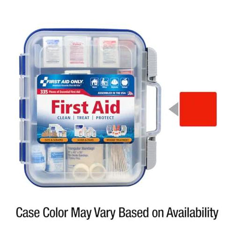 First Aid Only 335-piece OSHA-compliant first aid kit in a clear blue-trimmed plastic case