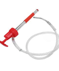 Handy Portable Oil Pump For Effortless Transfer And Extraction Of Motor, Heating, And Transmission Fluid From 5 Gallon Drums With Brass Head And Steel Build, featuring red handle and clear hose.