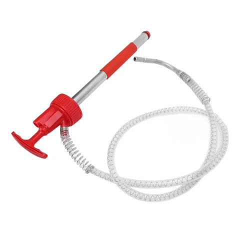 Handy Portable Oil Pump For Effortless Transfer And Extraction Of Motor, Heating, And Transmission Fluid From 5 Gallon Drums With Brass Head And Steel Build, featuring red handle and clear hose.