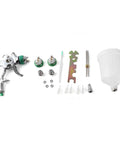 Professional Grade Hvlp Paint Sprayer Kit With Six Hundred Mil Gravity Tank And Three Nozzle Heads with parts and accessories arranged.
