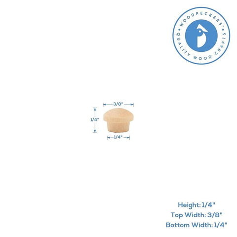 Maple Wood Screw Hole Plugs 1/4 Inch Pack Of 100 With Button Top Mushroom Caps, showing size dimensions and craft logo
