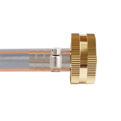 Side view of 2 Pack Solid Brass Hose End Connector Kit One Half Inch Barb To Three Quarters Inch GHT Female Splicer Repair Fittings With Stainless Steel Clamps