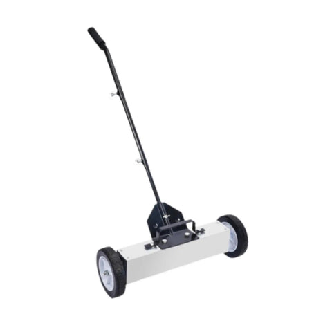 18 Inch Metal Pickup Lawn Sweeper Broom With Adjustable Handle And Wheels For Workshop Debris Collector Efficiently Clears Iron Filings And Shredded Scrap From Floors In Industrial Settings Or Heavy Duty Garage Shops Quick To Use