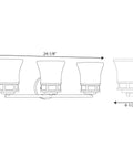 Dimensions diagram of 3 Light Coastal Style Bathroom Vanity Light With Dope Etched White Glass Shades Reversible Mounting Antique Bronze Finish Cascadia Collection Over The Mirror Bath Fixture showing side and front view with measurements.