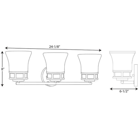Dimensions diagram of 3 Light Coastal Style Bathroom Vanity Light With Dope Etched White Glass Shades Reversible Mounting Antique Bronze Finish Cascadia Collection Over The Mirror Bath Fixture showing side and front view with measurements.