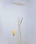 Wall Mount Shower Set With 10 Inch Square Rainfall Head And Dual Function Handheld Sprayer installed in a bathroom setting.