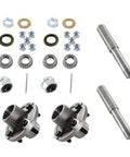 Front view of two trailer axle kits: BT8 spindles and 1-inch hubs with bearings, nuts, pins, washers.