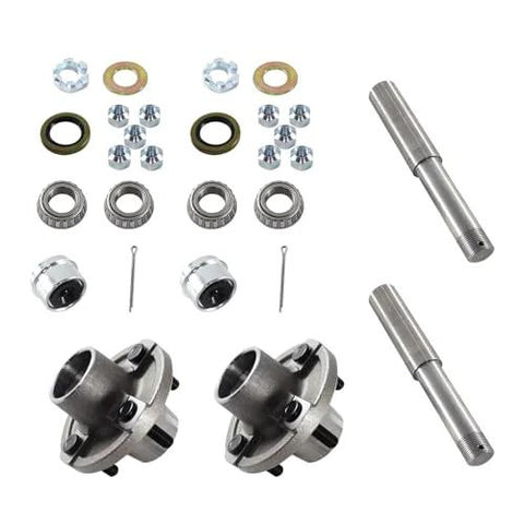 Front view of two trailer axle kits: BT8 spindles and 1-inch hubs with bearings, nuts, pins, washers.