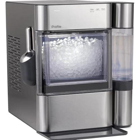 GE Profile Opal 2.0 Ultra Nugget Ice Maker, stainless steel with side water reservoir and scoop