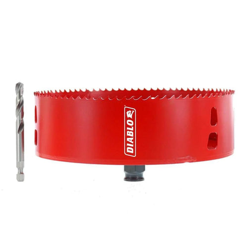Diablo DHS6375RL 6-3/8-inch red recessed lighting hole saw with metal arbor.