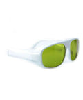 Heavy Duty Infrared Laser Safety Glasses Designed For Nd YAG Shop Crews With Locked In Beam Blocking Armor Purpose Built For 755 808 And 1064 Nm Tasks, white frame with green lenses.