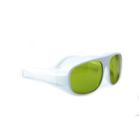 Heavy Duty Infrared Laser Safety Glasses Designed For Nd YAG Shop Crews With Locked In Beam Blocking Armor Purpose Built For 755 808 And 1064 Nm Tasks, white frame with green lenses.