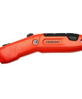 Auto Retracting Safety Utility Knife With Quick Change Blades, Thumb Bridge Grip, End Cap Storage, side view of red tool