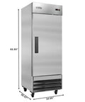 Pro Grade 23 Cubic Foot Commercial Reach In Refrigerator With Heavy Duty Stainless Steel Exterior and digital thermostat, front view.