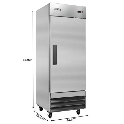 Pro Grade 23 Cubic Foot Commercial Reach In Refrigerator With Heavy Duty Stainless Steel Exterior and digital thermostat, front view.