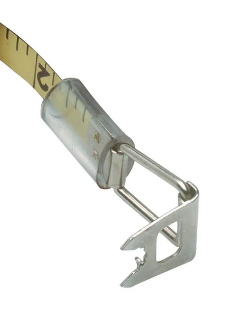 Auto Rewind Tape Measure 3/8 Inch Wide by 100 Feet with Nylon Coated Blade, 1/8 Inch Increments, close-up of hook end