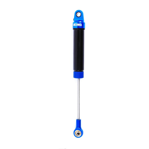 Close-up of CNC machined 6061-T6 aluminum shock absorber in dark blue for Losi 1/10 Baja Rey Hammer Rey U4 RC Off-Road Truck.