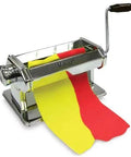 Pro Grade Ultimate Clay Machine For Polymer Clay Crafters, Stainless Steel, showing wide clay path, rollers, and handle with colored sheets