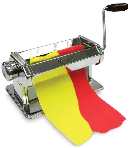 Pro Grade Ultimate Clay Machine For Polymer Clay Crafters, Stainless Steel, showing wide clay path, rollers, and handle with colored sheets