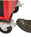Foot engaging brake on Beefy 52 Inch Mobile Workbench With 11 Soft Close Rollout Drawers And Thick Hardwood Counter Top.