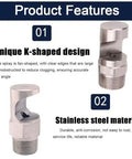 Product features of Shop Grade Heavy Duty 304 Stainless Steel Wide Angle Fan Nozzle 1 4 Inch External Thread, K-shaped design.