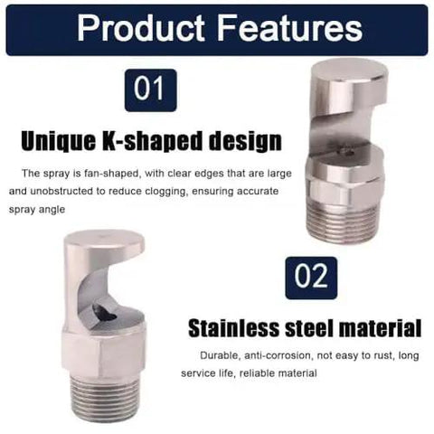 Product features of Shop Grade Heavy Duty 304 Stainless Steel Wide Angle Fan Nozzle 1 4 Inch External Thread, K-shaped design.