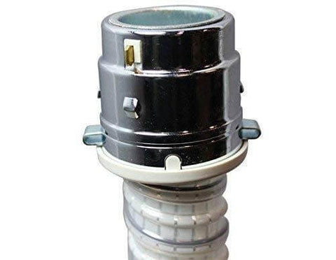 Close-up of metal end fitting on Replacement Hose For Carpet Cleaners With Pistol Grip Handle And Rocker Switch, Grey And White.