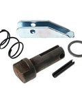 Forklift fork pin kit components: metal pin, coil springs, retaining ring, cotter pin, front view