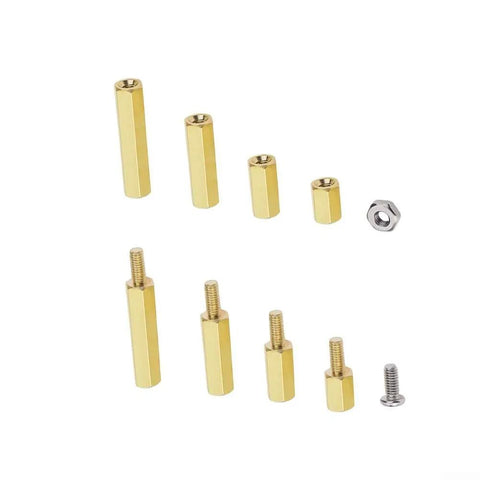 180 Pcs M2.5 Brass Hex Standoff Kit With Nuts And Spacers Male And Female Threaded Spacers For Electronics Tech DIY Motherboard PCB Repair Kit Gold And Silver Finish Includes Storage Boxes, assorted brass standoffs and nuts on white