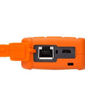 Fiber optic tester, orange handheld, side view with RJ45 port and black interface area