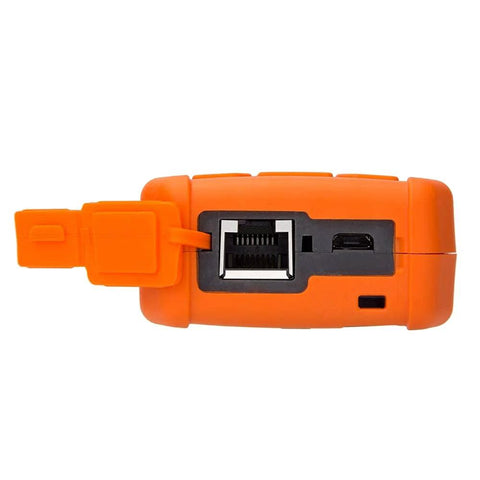 Fiber optic tester, orange handheld, side view with RJ45 port and black interface area