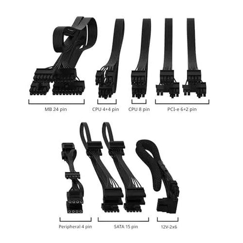 Cable set for V850 SFX Gold 850W Fully Modular ITX Power Supply for Small Form Factor Builds showing various connectors.