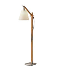 Walden Floor Lamp With Natural Wood Body On Satin Steel Base, Off White Poly Cotton Bell Shade, Height Adjustable From 53 To 61 Inches