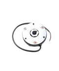 Angled view of forklift electromagnetic brake module; round metal housing with central hex bolt and wiring.