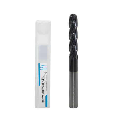 Extra Long 3/8 Inch Carbide Ball Nose End Mill For Alloy And Hardened Steels, 4 Inch Overall Length, Four Flute, HRC 55 AlTiN Coating CNC Router Bit For Boss Level Precision Metalworking, 1 Piece shown with packaging.