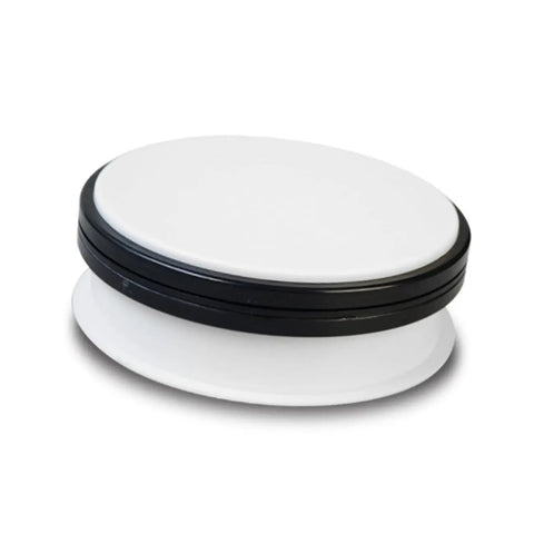 Stunning White Motorized Rotating Display Stand With Mirror Finish Turntable For Jewelry Watches Digital Gadgets And Collectibles 5Kg Capacity Smooth Spinning Showcase For Photography Retail Stores, top view, sleek design.