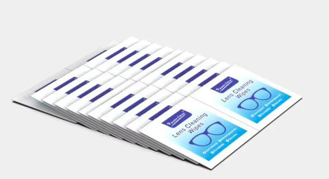 Amazon lens cleaning wipes sachets with blue label, stacked in front view.