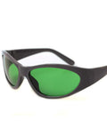 Pro Grade Laser Safety Glasses Built For Heavy Duty Red Diode Work Featuring Rock Solid OD Lens And Top Shelf Eye Protection At 635Nm 808Nm And 980Nm, black frame with green lenses, angled view.