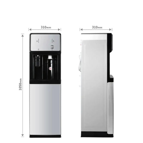 Freestanding Floor Loading Water Cooler With Instant Ice Cold And Piping Hot Settings Smooth Push Button Operation side and front view
