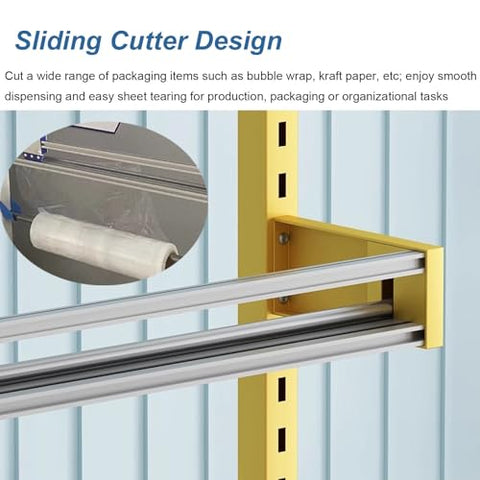 Heavy Duty Fabric Roll Storage Rack With Adjustable Cutter And Rock Solid Base For Quick Material Trim And No Sweat Packing Operations In Any Workshop Or Industrial Setting with sliding cutter design.
