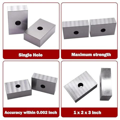 1 x 2 x 3 inch hardened steel machinist blocks, matched pair with one through hole, front and side views.