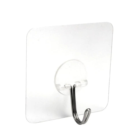 Super Tough Clear Adhesive Wall Hooks 12 Pack Stainless Steel Zero Mess Peel Strong Grip No Drill Install. Clear hook design.