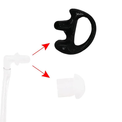 Throat Mic Tactical Headset With Air Tube Earpiece For Clear Audio In High Noise Environments showing earbud attachment parts