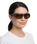 Heavy Duty Laser Safety Glasses For Tattoo Removal showing woman wearing sturdy black frames with OD5+ protection.