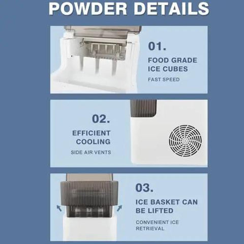 Savage Cooling 1.4L Countertop Nugget Ice Maker shows detailed features including food grade ice cubes and efficient cooling.